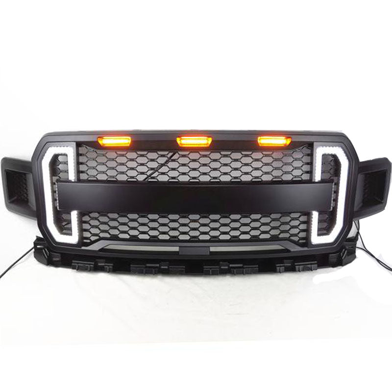 <transcy>Parrilla estilo Raptor con LED ámbar + señales de giro LED para Ford F-150, 2018-2020</transcy>