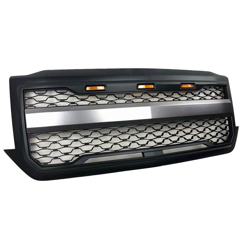 <transcy>Parrilla negra y cromada con LED ámbar y letras negras para Chevrolet Silverado 1500, 2016-2018</transcy>