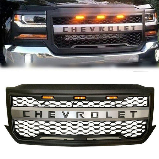 <transcy>Parrilla negra y cromada con LED ámbar y letras negras para Chevrolet Silverado 1500, 2016-2018</transcy>