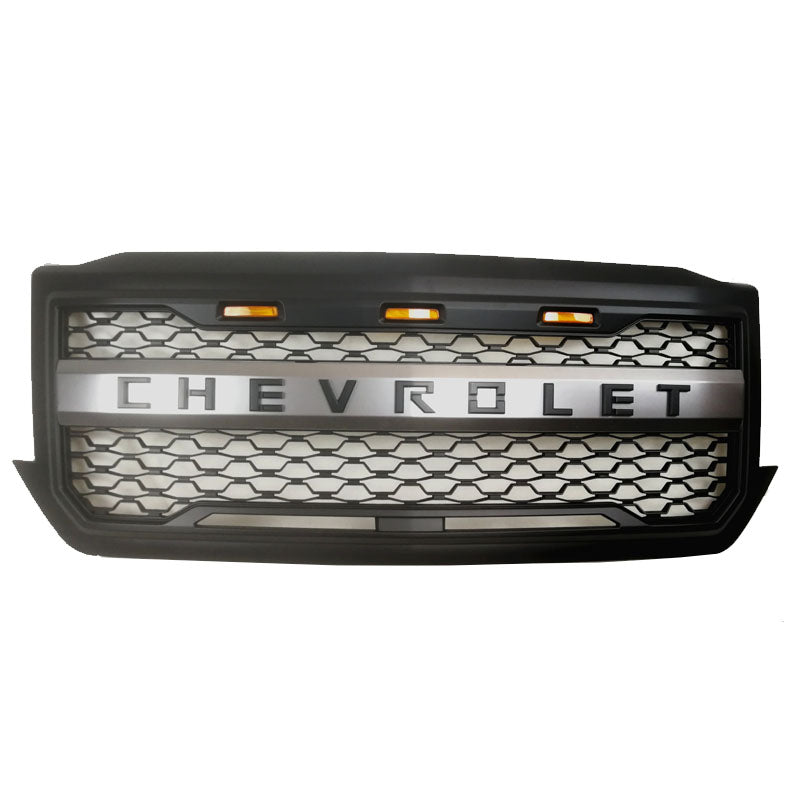 <transcy>Parrilla negra y cromada con LED ámbar y letras negras para Chevrolet Silverado 1500, 2016-2018</transcy>